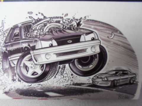 1978 Ford Mustang II - This illustration depicts a stylized dark car with an oversized engine, shown from the front, with another vehicle in the background.