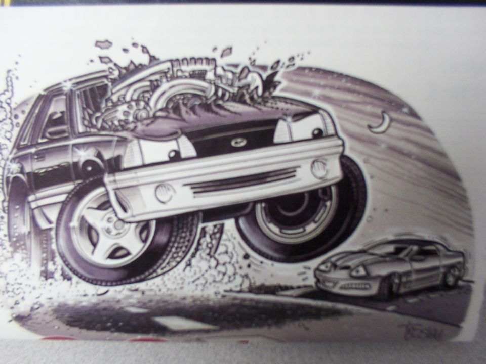 Cartoon drawing of a dark car with exposed engine, front view, and a smaller car in background