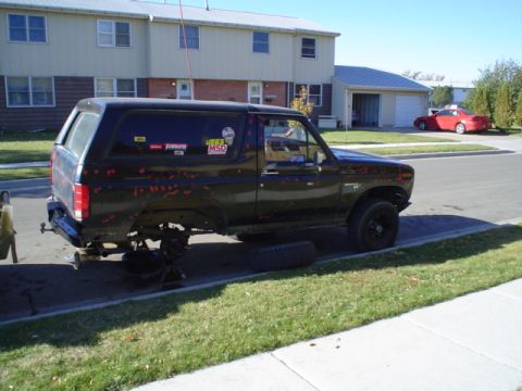 1981 Ford Bronco - the beast up on jack stands.