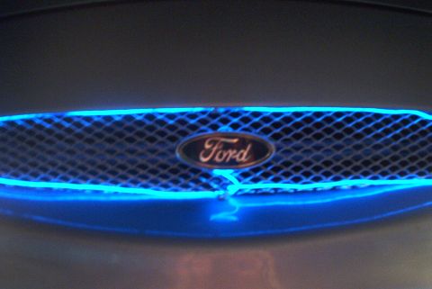 1998 Ford Taurus - close up shot of the grill, the neon string, and my custom FORD grill insert.... it works kinda like those hangy things at walmart...