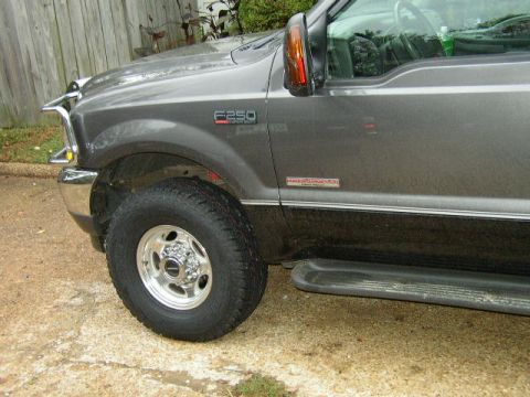 1995 Ford Bronco - Front quarter panel and door of a gray Ford F-250 Super Duty, showing the F-250 badge and side step.