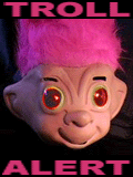 1986 Ford Bronco - This image features a troll doll head with bright pink hair and red, glowing eyes, accompanied by text indicating a 'Troll Alert'.