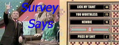 1986 Ford Bronco - A game show scene with a host and contestants, alongside a scoreboard with inappropriate survey answers.
