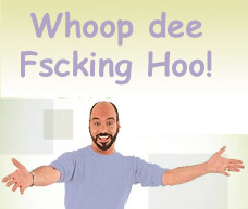 1986 Ford Bronco - A man with a wide smile and outstretched arms appears in front of a light yellow background with text that reads "Whoop dee Fscking Hoo!"