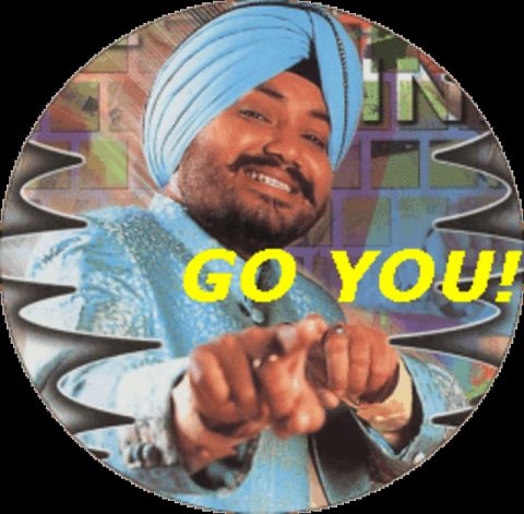1995 Ford Bronco - A man in a blue turban and jacket points forward with a smile, with the words "GO YOU!" displayed prominently.