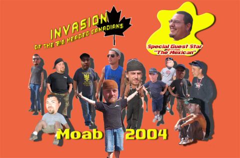 1993 Ford Bronco - This is a digitally altered photo of a group of people with exaggerated heads, with text indicating an event in Moab in 2004.