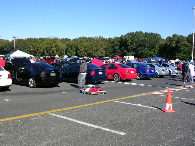 Cars parked in rows at an outdoor event, some with hoods open