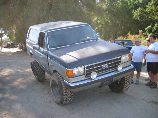 Lifted two-tone blue and silver Ford Bronco on mud tires parked on dirt.