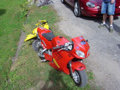 1998 Ford Taurus - A red pocket bike is parked on the grass next to a gravel road, with a red car and bicycle in the background.