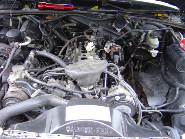Engine bay with many wires and hoses, a red flashlight on top, and a 'CAUTION FAN' label on the fan shroud