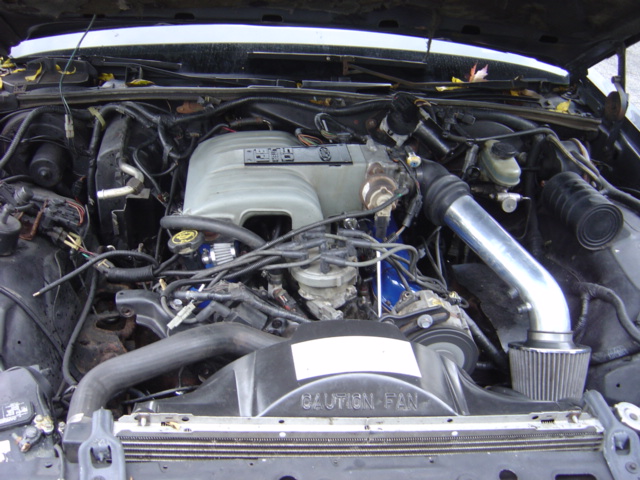 Engine bay with silver intake, blue valve covers, and 'CAUTION FAN' text on fan shroud