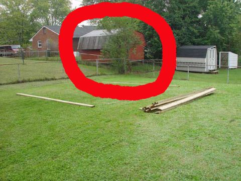 1981 Ford Bronco - A red circle is drawn over a backyard scene, obscuring a tree and part of a shed.
