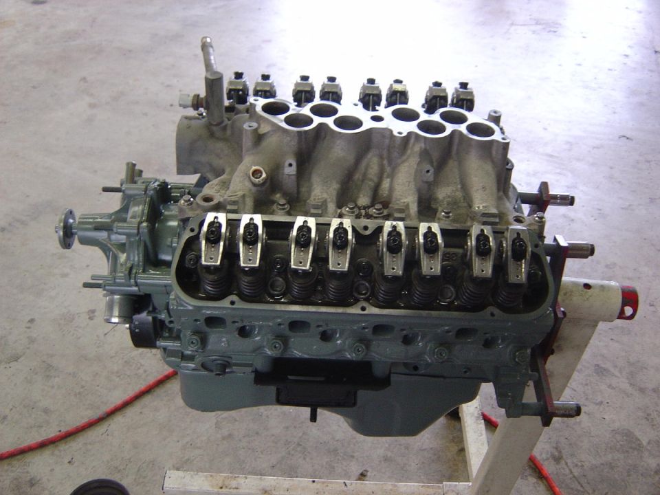 Engine block and intake manifold assembly on a stand