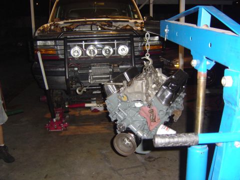 1993 Ford Bronco - Engine removal in progress for a 1993 Ford Bronco.