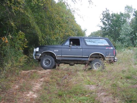 1988 Ford Bronco - This Ford Bronco is navigating a wooded area with overgrown vegetation.