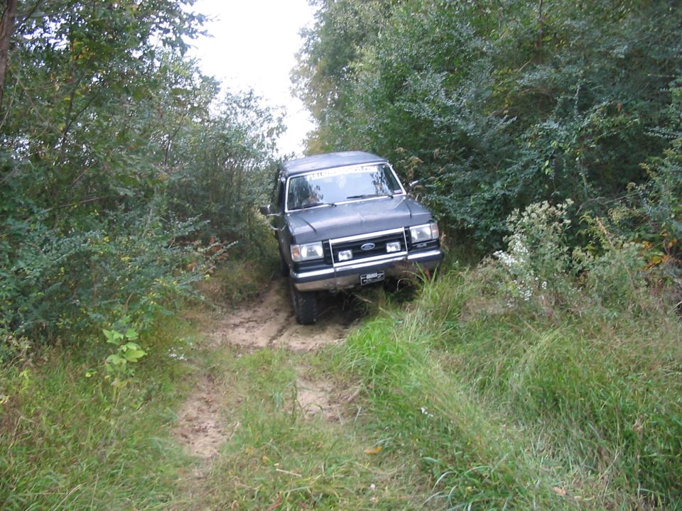 Dark Ford Bronco driving on a dirt path through trees. Windshield banner visible
