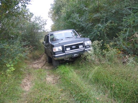 1988 Ford Bronco - A dark SUV navigates a dirt path surrounded by dense foliage.