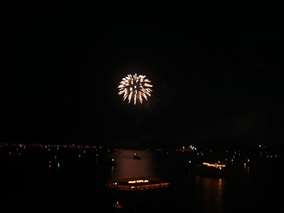 Lake Wylie absolutely covered in boats, with a beautiful fireworks show over the lake...