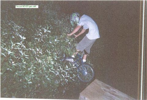 1995 Ford Bronco - A person on a bicycle maneuvers near dense foliage and a ramp, with text overlaying the image.