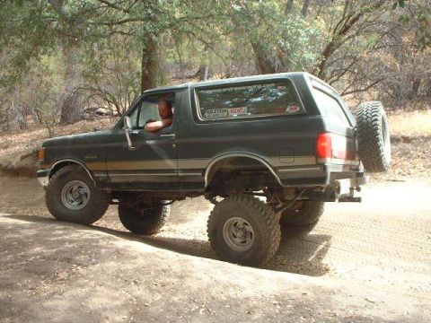 1990 Ford Bronco - lifted dark Ford Bronco with a gold side stripe rolls along a tree-shaded dirt trail as the driver looks out the window.