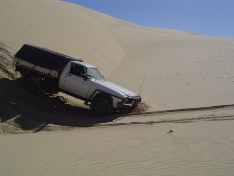 1982 Ford Bronco - Pickup truck navigates a steep sand dune under a clear blue sky.