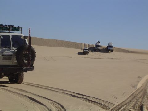 1982 Ford Bronco - Several SUVs traverse sandy terrain under a clear blue sky, leaving tire tracks in the sand.