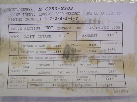 1993 Ford Bronco - Document details engine specs for a 1985-up Ford-Mercury 302 V8, including valve lift and cam timing.