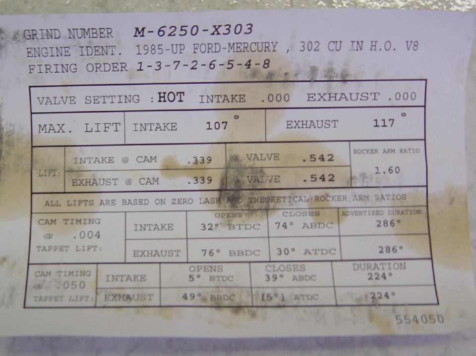 Engine specifications document for 1985-up Ford-Mercury 302 V8, showing valve settings and cam timing