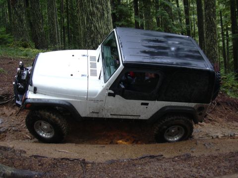 1991 Ford Bronco - Jeep Wrangler deep in mud on a forest trail, tires sunk in the mire.