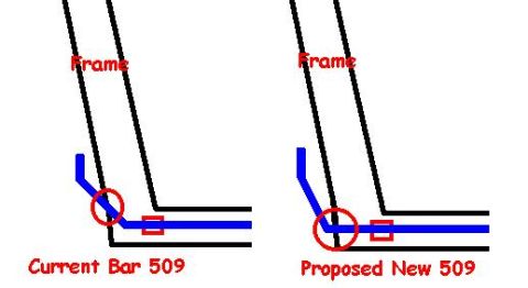 1999 Ford Crown Victoria - Simple comparison schematic of current Bar 509 versus a proposed bar routing relative to the frame.