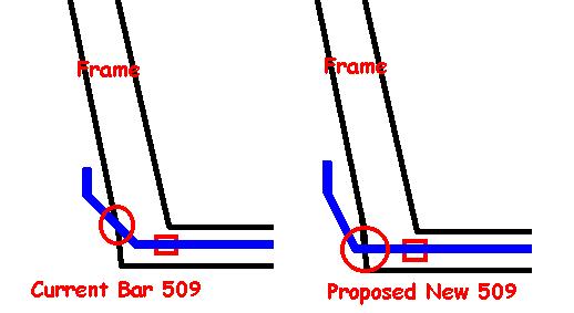 Hand-drawn comparison of current vs proposed sway bar routing against frame