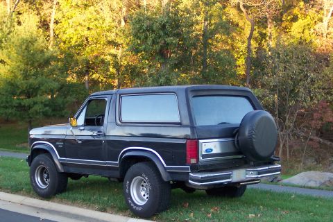 1986 Ford Bronco - Black 1986 Ford Bronco with spare tire on the rear, parked outdoors.