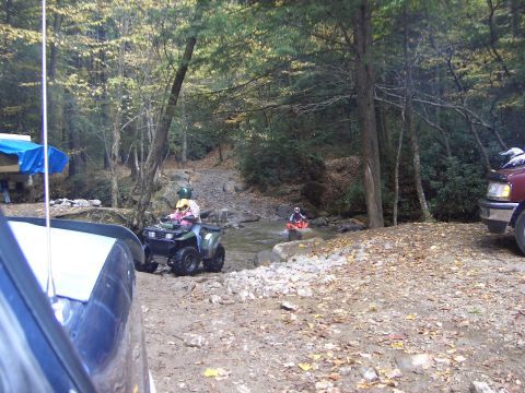 1996 Ford Bronco - Two ATVs navigate a shallow stream in a forest, with a truck parked nearby.