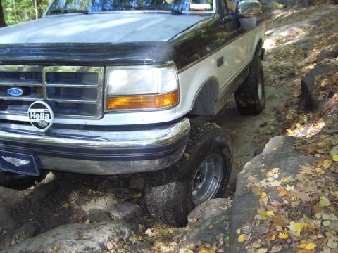 1996 Ford Bronco - This 1996 Ford Bronco is shown off-roading on a rocky trail with fallen leaves on the ground.