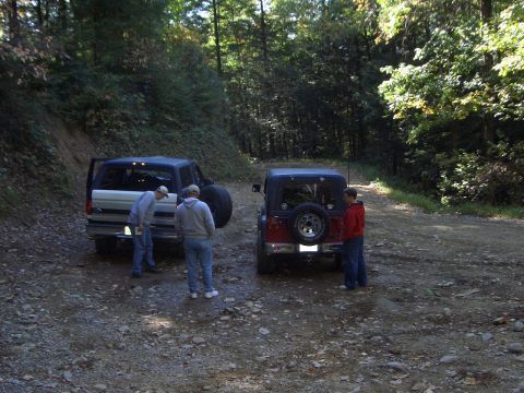 1996 Ford Bronco - A Ford Bronco and a Jeep Wrangler are parked on a wooded dirt road, with three people standing nearby.