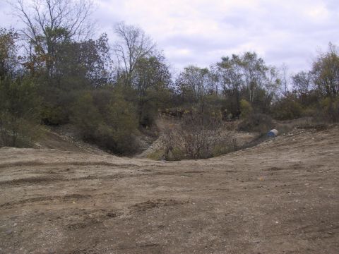 1993 Ford Bronco - A dirt path winds through a wooded area with a cloudy sky overhead. A culvert pipe is visible on the right side of the path.
