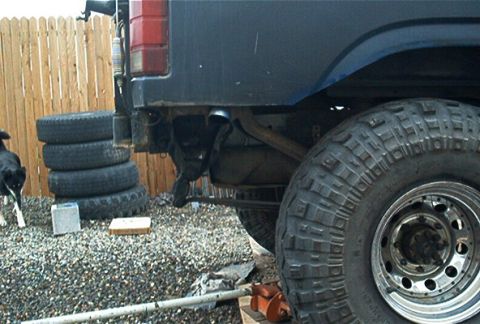1986 Ford Bronco - A dark SUV's rear is shown with stacked tires and a dog nearby.
