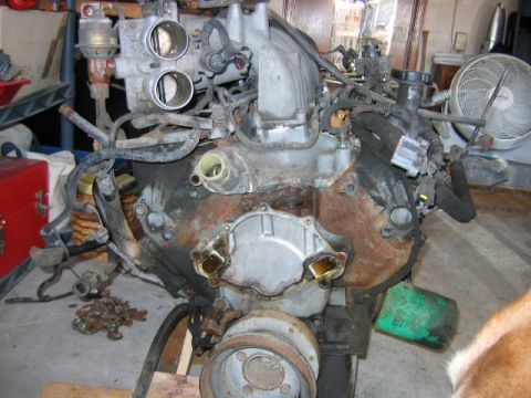 1992 Ford Bronco - Water pump and brackets removed.