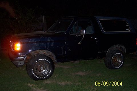 1978 Ford Bronco - This dark blue SUV has a side profile view and BFGoodrich tires.