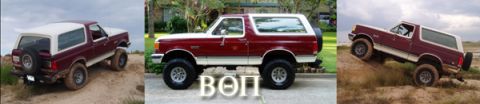 1990 Ford Bronco - Three views of a lifted Ford Bronco, one parked on sand, one on pavement, and one on a dirt incline.