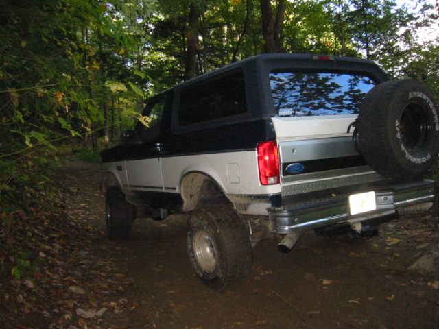 Ford Bronco on a dirt trail in the woods, spare tire mounted on the back