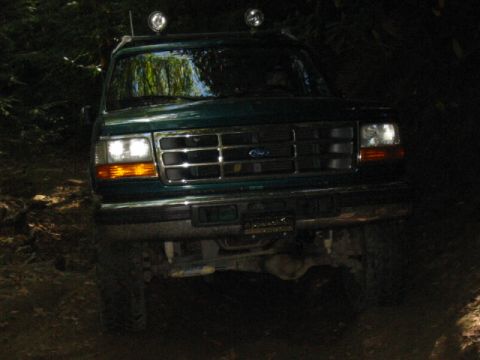 1996 Ford Bronco - Front view of a green 1996 Ford Bronco, equipped with auxiliary lights on the roof, parked in a wooded area.