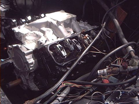 1979 Ford Bronco - Close-up view of an engine bay, showing internal engine components and wiring.