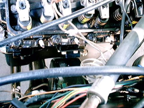1979 Ford Bronco - A close view of engine components, showing spark plugs and various wires connected to the engine block.