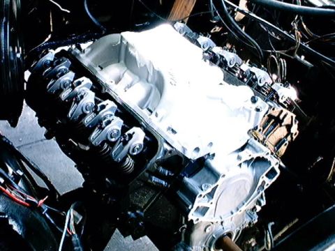 1979 Ford Bronco - Close-up of a V8 engine block, showing the intake manifold and valve train components.