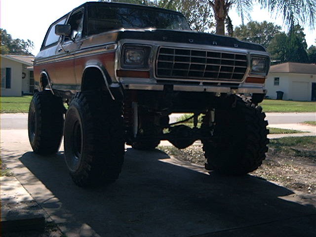 Lifted 1978 Ford Bronco with oversized tires, front view