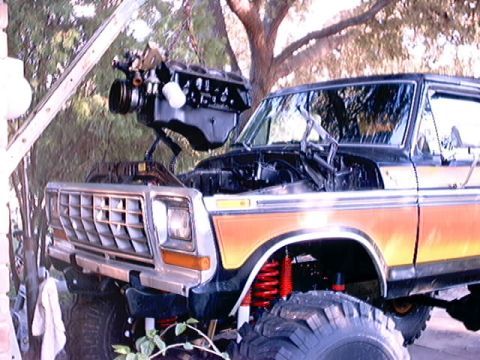 1979 Ford Bronco - Engine installation in progress on a 1978 Ford Bronco.