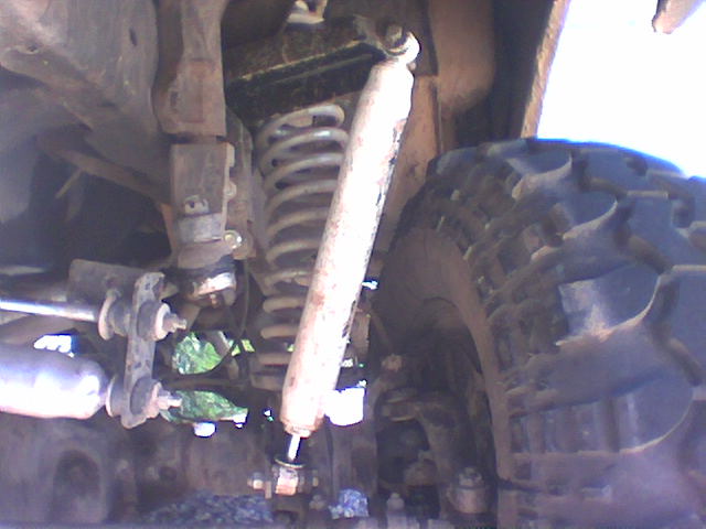 close-up of a vehicle's front suspension with coil spring and shock absorber
