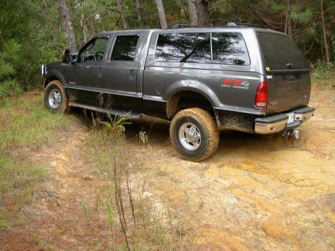 1995 Ford Bronco - Gray Ford Excursion SUV with black lower body trim driving on a dirt trail in a wooded area.