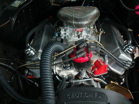 1979 Ford Bronco - The engine bay features a V8 engine with aftermarket performance parts like a chrome air cleaner and a red distributor cap.